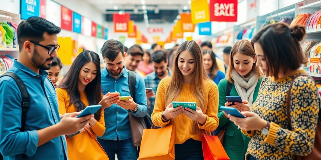 Diverse shoppers engaging with products on digital devices.