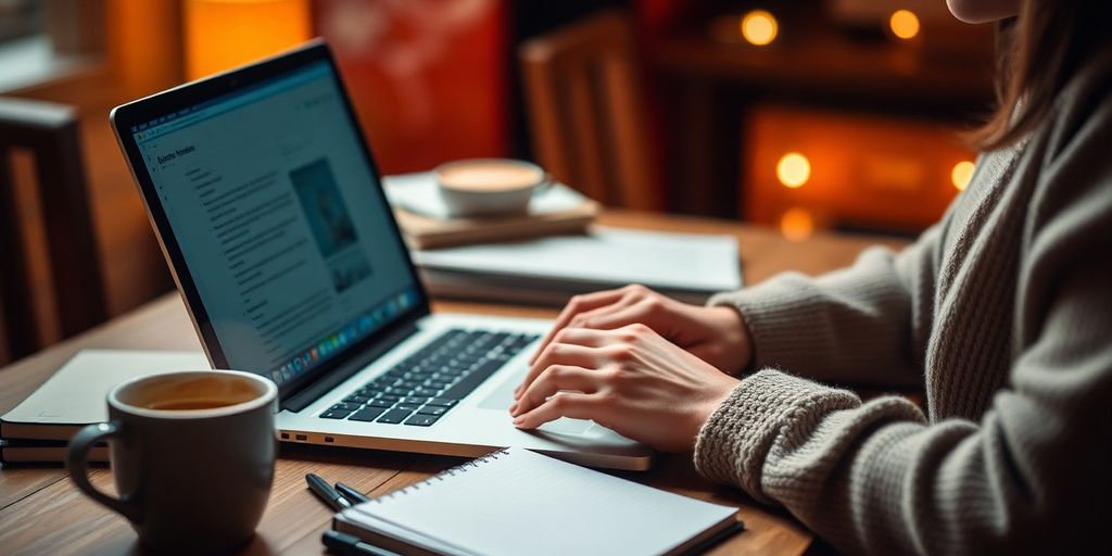 Person writing a blog with a laptop and coffee.