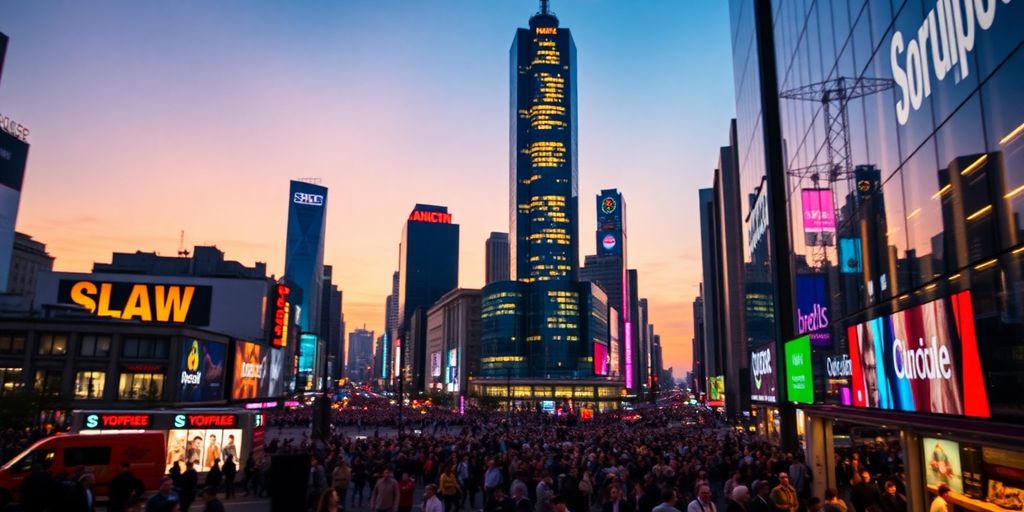 Vibrant cityscape at dusk with colorful lights.