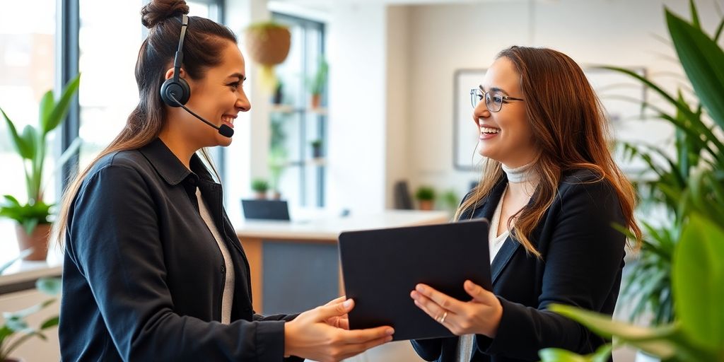 Customer service representative helping a satisfied customer.
