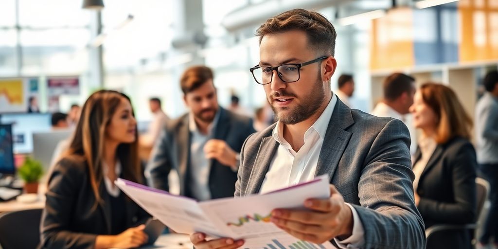 Businessperson analyzing competitive pricing strategies in office.