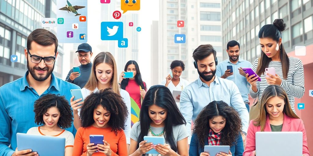 Diverse people using smartphones and laptops in an urban setting.