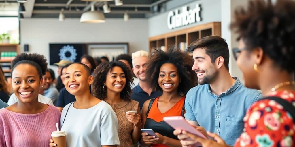 Diverse customers enjoying a positive brand interaction in retail.