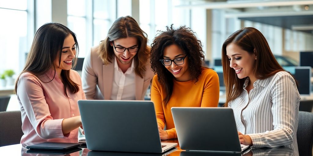 Professionals collaborating in a modern office setting.